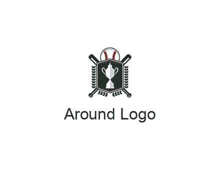 baseball logo with a ball and crossed bats behind a shield featuring a trophy