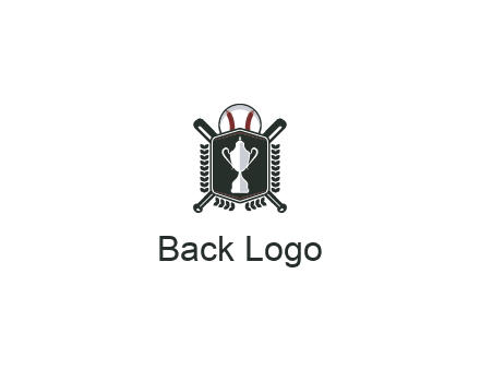 baseball logo with a ball and crossed bats behind a shield featuring a trophy