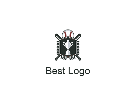 baseball logo with a ball and crossed bats behind a shield featuring a trophy