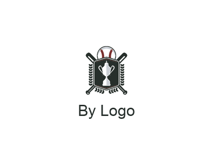 baseball logo with a ball and crossed bats behind a shield featuring a trophy