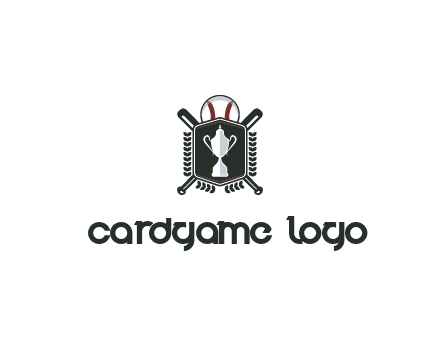 baseball logo with a ball and crossed bats behind a shield featuring a trophy