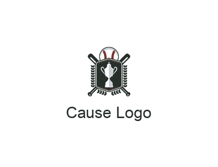 baseball logo with a ball and crossed bats behind a shield featuring a trophy