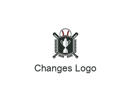 baseball logo with a ball and crossed bats behind a shield featuring a trophy