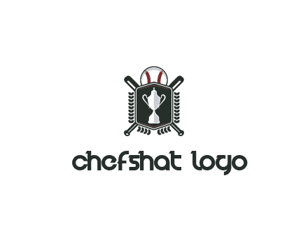 baseball logo with a ball and crossed bats behind a shield featuring a trophy