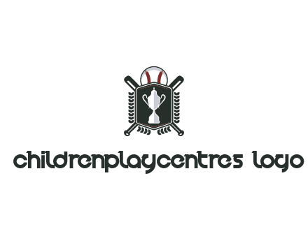 baseball logo with a ball and crossed bats behind a shield featuring a trophy