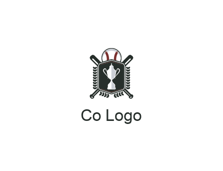 baseball logo with a ball and crossed bats behind a shield featuring a trophy