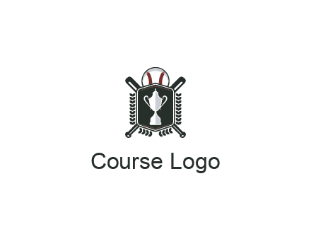 baseball logo with a ball and crossed bats behind a shield featuring a trophy