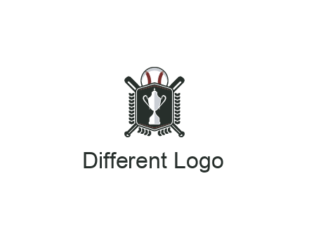 baseball logo with a ball and crossed bats behind a shield featuring a trophy
