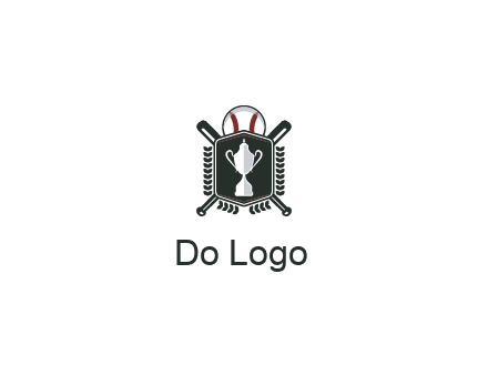 baseball logo with a ball and crossed bats behind a shield featuring a trophy
