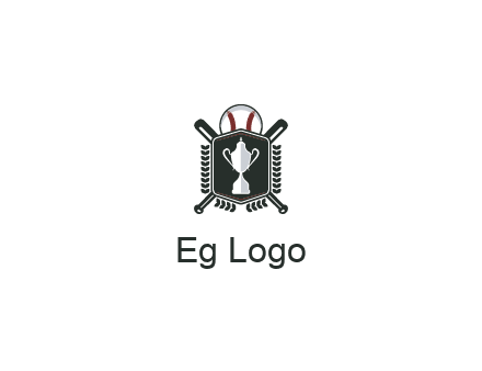 baseball logo with a ball and crossed bats behind a shield featuring a trophy