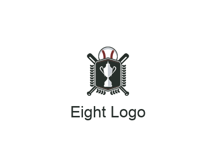 baseball logo with a ball and crossed bats behind a shield featuring a trophy