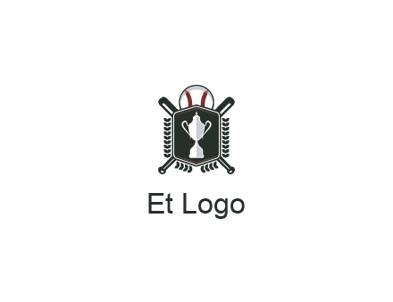 baseball logo with a ball and crossed bats behind a shield featuring a trophy