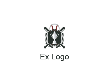 baseball logo with a ball and crossed bats behind a shield featuring a trophy