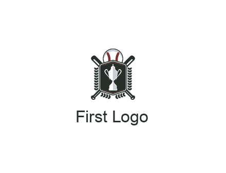 baseball logo with a ball and crossed bats behind a shield featuring a trophy