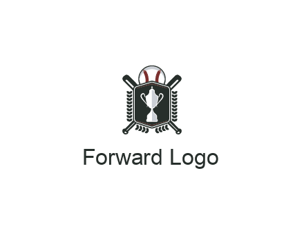 baseball logo with a ball and crossed bats behind a shield featuring a trophy