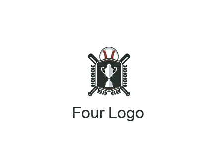 baseball logo with a ball and crossed bats behind a shield featuring a trophy