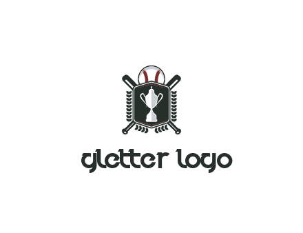 baseball logo with a ball and crossed bats behind a shield featuring a trophy