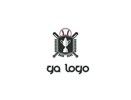 baseball logo with a ball and crossed bats behind a shield featuring a trophy