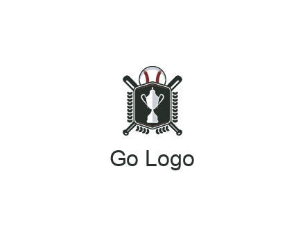 baseball logo with a ball and crossed bats behind a shield featuring a trophy