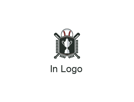 baseball logo with a ball and crossed bats behind a shield featuring a trophy