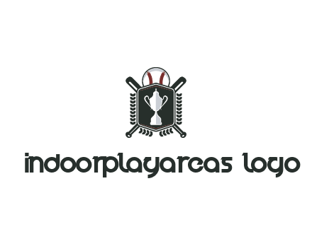 baseball logo with a ball and crossed bats behind a shield featuring a trophy