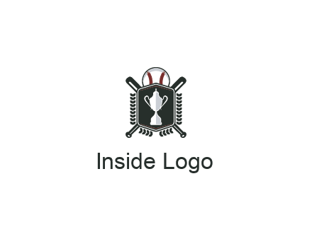 baseball logo with a ball and crossed bats behind a shield featuring a trophy