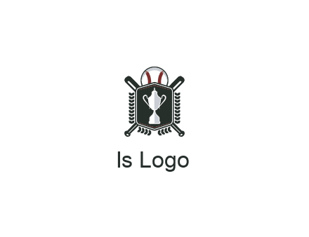 baseball logo with a ball and crossed bats behind a shield featuring a trophy