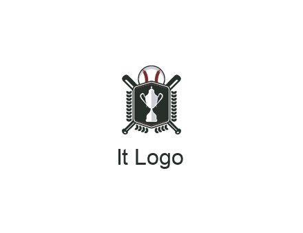 baseball logo with a ball and crossed bats behind a shield featuring a trophy