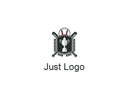 baseball logo with a ball and crossed bats behind a shield featuring a trophy
