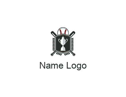 baseball logo with a ball and crossed bats behind a shield featuring a trophy