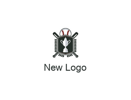 baseball logo with a ball and crossed bats behind a shield featuring a trophy