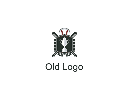 baseball logo with a ball and crossed bats behind a shield featuring a trophy