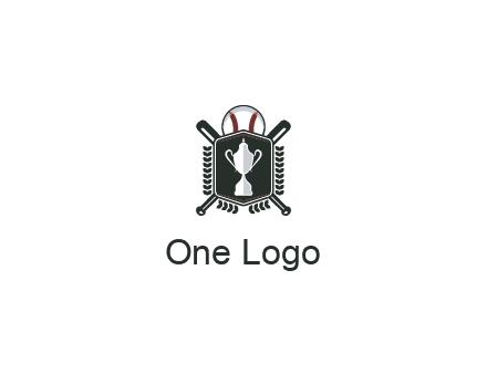 baseball logo with a ball and crossed bats behind a shield featuring a trophy