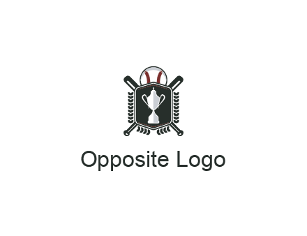 baseball logo with a ball and crossed bats behind a shield featuring a trophy