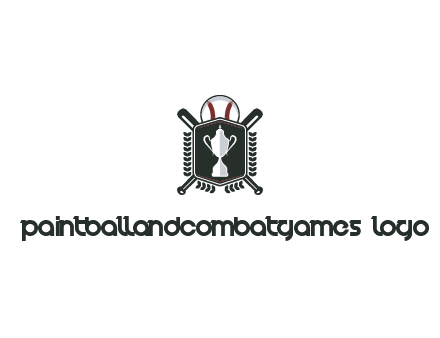 baseball logo with a ball and crossed bats behind a shield featuring a trophy