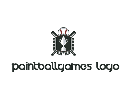 baseball logo with a ball and crossed bats behind a shield featuring a trophy