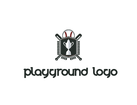 baseball logo with a ball and crossed bats behind a shield featuring a trophy