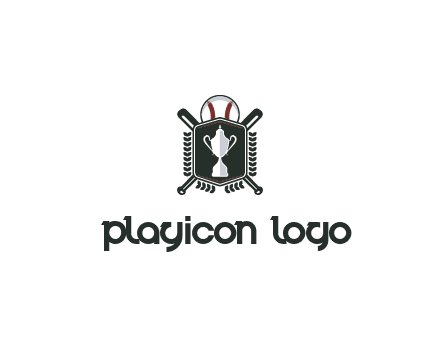 baseball logo with a ball and crossed bats behind a shield featuring a trophy