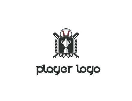 baseball logo with a ball and crossed bats behind a shield featuring a trophy
