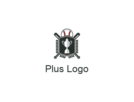 baseball logo with a ball and crossed bats behind a shield featuring a trophy