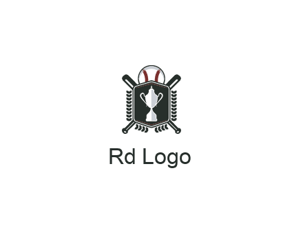 baseball logo with a ball and crossed bats behind a shield featuring a trophy