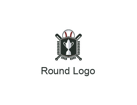 baseball logo with a ball and crossed bats behind a shield featuring a trophy