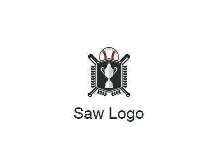 baseball logo with a ball and crossed bats behind a shield featuring a trophy