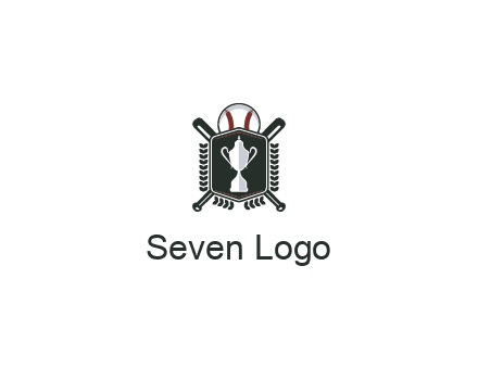 baseball logo with a ball and crossed bats behind a shield featuring a trophy