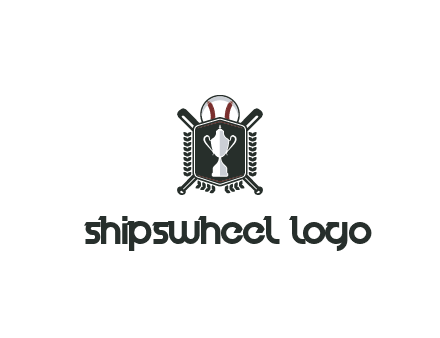 baseball logo with a ball and crossed bats behind a shield featuring a trophy