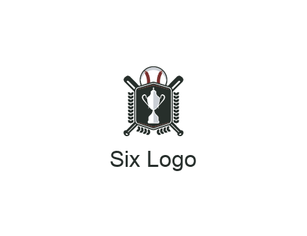 baseball logo with a ball and crossed bats behind a shield featuring a trophy