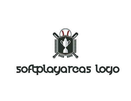 baseball logo with a ball and crossed bats behind a shield featuring a trophy