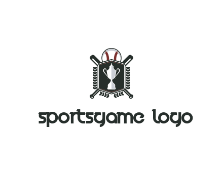 baseball logo with a ball and crossed bats behind a shield featuring a trophy