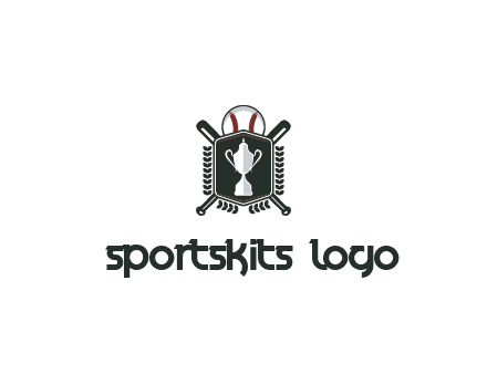 baseball logo with a ball and crossed bats behind a shield featuring a trophy