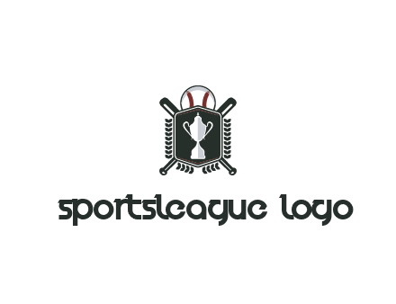 baseball logo with a ball and crossed bats behind a shield featuring a trophy